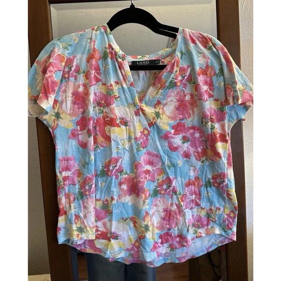 Lauren Ralph Lauren Women’s 100% Cotton Top BLOUSE Blue Floral‎ Multicolor M - Picture 1 of 9